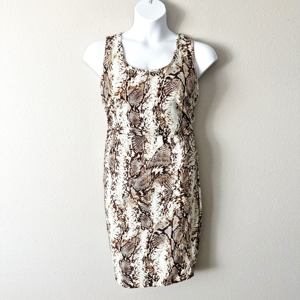 Cache Snakeskin Print Jersey Sleeveless Ruched Sheath Dress Brown Mint‎ Size XL